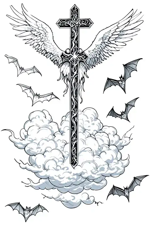 angels and bats flying and cross and clouds tattoo design idea