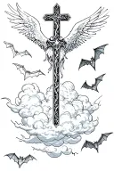 angels and bats flying and cross and clouds tattoo design idea