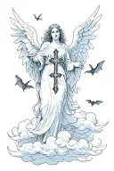 angels and bats flying and cross and clouds tattoo design idea