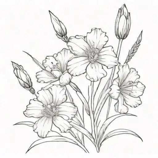 dainty linework tatto with 1 carnation, 1 gladiolus, and 1 narcissus flower with long stems that cross over each other tattoo design idea