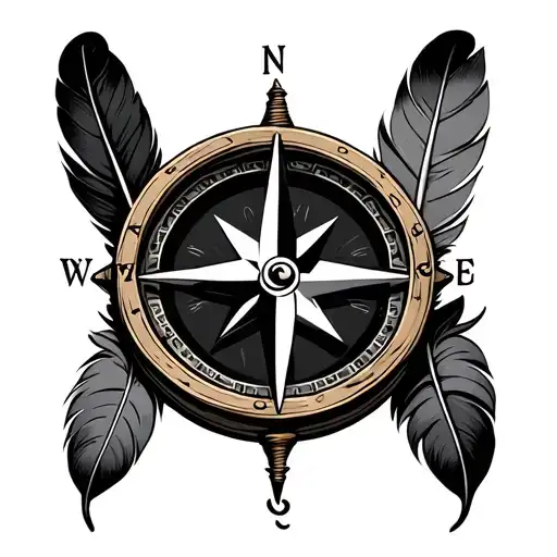 Old Compass,3 feathers tattoo design idea