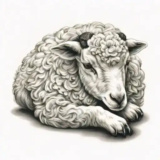 delicate lamb laying down fine line tattoo design idea