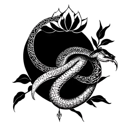 ouroboros, one long snake (tall and thin) eat his own tail, and lotus tattoo design idea
