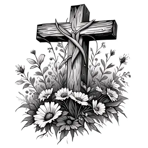 rustic wooden cross with wildflowers at the base tattoo design idea