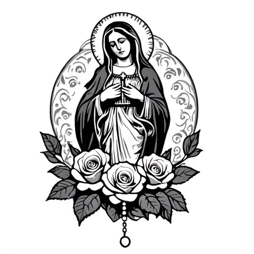 lady of Guadalupe Mexican with roses at the bottom and a rosary wrapped around the roses tattoo design idea
