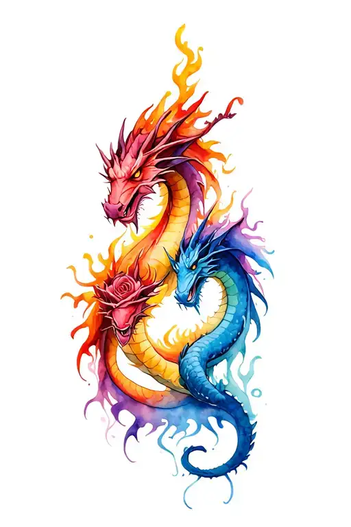 two dragons intertwined, creating firewater rose tattoo design idea