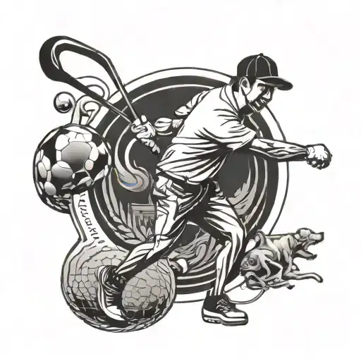A stylized blackwork tattoo of a Mexican American golfer swinging a golf club with a football in the background, surrounded by playful dogs tattoo design idea