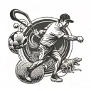 A stylized blackwork tattoo of a Mexican American golfer swinging a golf club with a football in the background, surrounded by playful dogs tattoo design idea