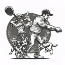 A stylized blackwork tattoo of a Mexican American golfer swinging a golf club with a football in the background, surrounded by playful dogs tattoo design idea
