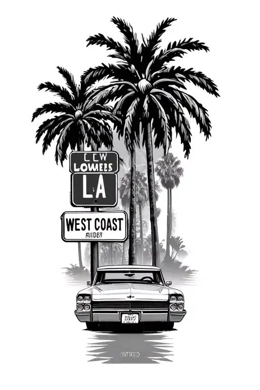 palm trees with LA and lowrider car with west coast street signs tattoo design idea