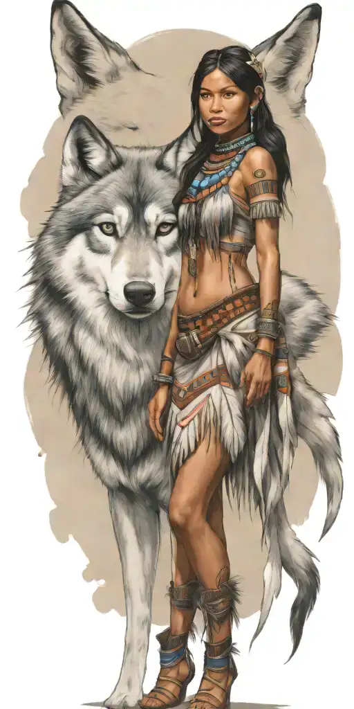 young adorable navajo woman full body  wolf tattoo design idea