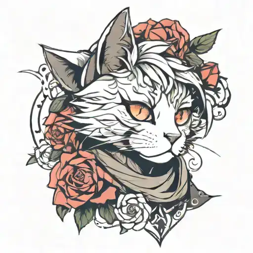 smug anime cat boy rose wrapped tattoo design idea