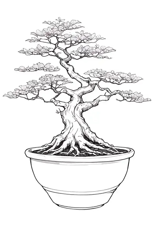 Bonsai tree with no pot exposed fine roots minimal foliage tattoo design idea