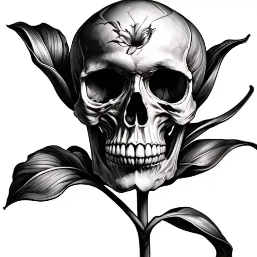 realistic skull and tulip that represents heartbreak tattoo design idea