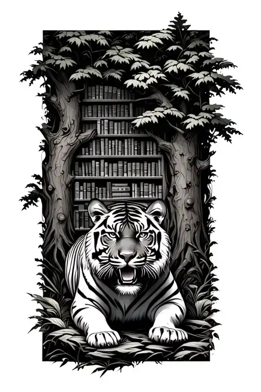 A tiger prowling through a lush forest filled with ancient trees and hidden bookshelves, representing the wild beauty of nature and the joy of reading tattoo design idea