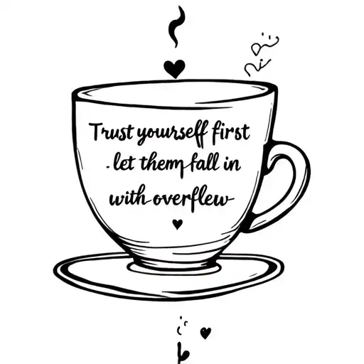 finline tattoo, cup, fill with "trust yourself first" and let hearts pour out with "let them fall in love with overflew" tattoo design idea