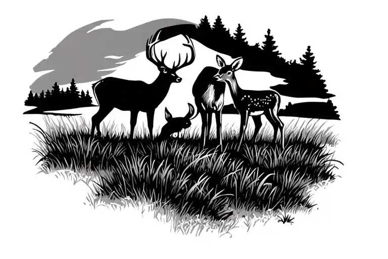 buck standing in field with a buten buck and a baby doe  tattoo design idea