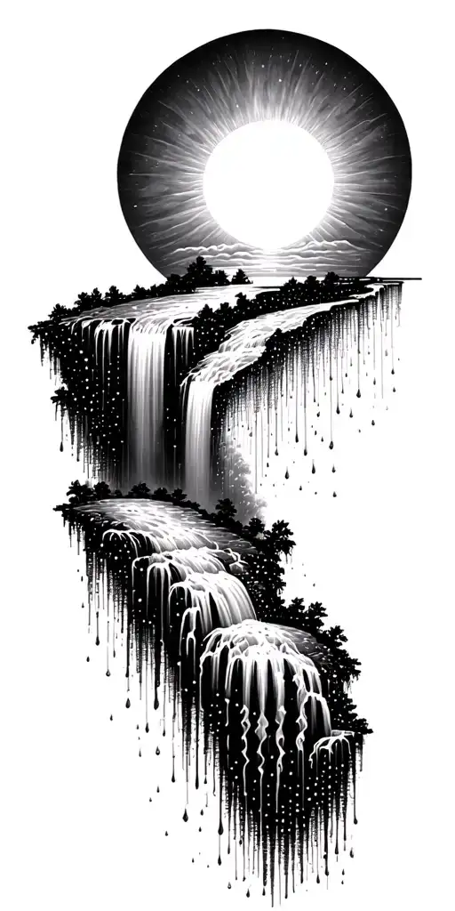 a sun melting into a waterfall that turns into rain drops tattoo design idea