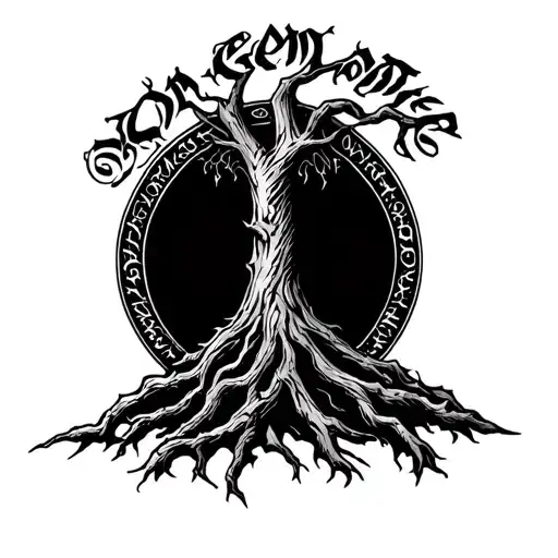 tree of Gondor mixed with Elden ring erdtree and elvish writing around border tattoo design idea