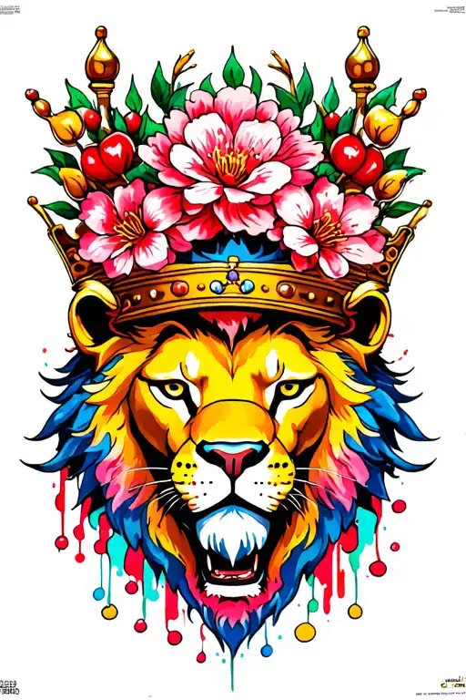 CROWNED LION HEAD WITH CHERRY BLOSSOM AND WATERCOLOR PAINT tattoo design idea
