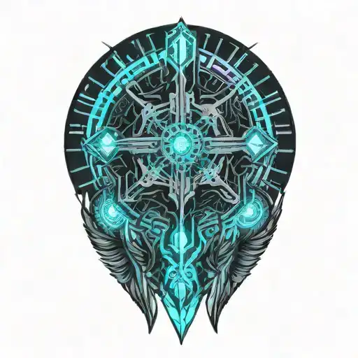 cross feather roses tattoo design idea