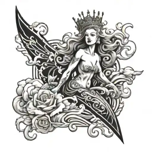 Queen of the surf, cultivator of heavens flowers, of the black rolling clouds tattoo design idea