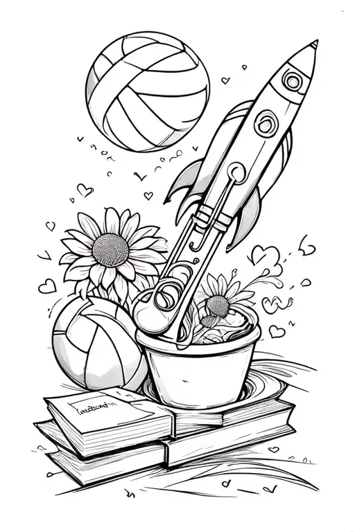 a trumpet, a football, a volleyball, a rocket, a wave, books, a Flower pot and a heart  tattoo design idea