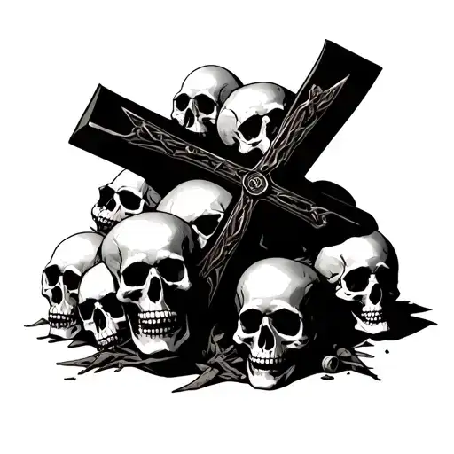 gothic cross over a pile of skulls tattoo design idea