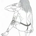 bend over,slim thick goth girl,emo, nude,sexy,lingerie,introverted,arched back,long black hair, naked,fishnet,skirt tattoo design idea