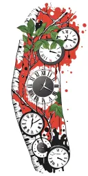 birch branches with green leaves with only three clocks integrated into it for an arm sleeve tattoo design idea
