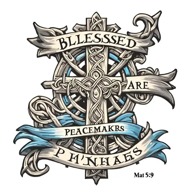 Celtic Cross with ""Blessed are the peacemakers" written on a blue banner draped on the cross.  Mat 5:9 written below tattoo design idea
