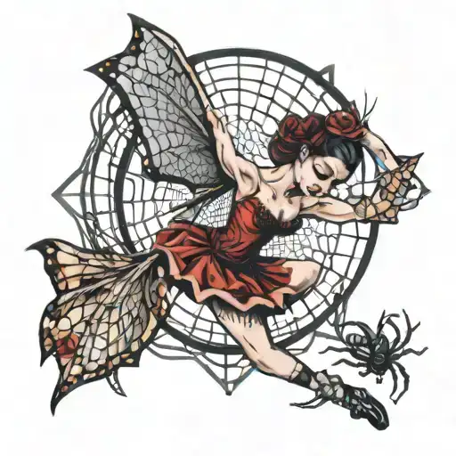 ballerina with spider web wings tattoo design idea