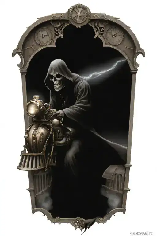 evil grim reaper riding a steampunk train  tattoo design idea