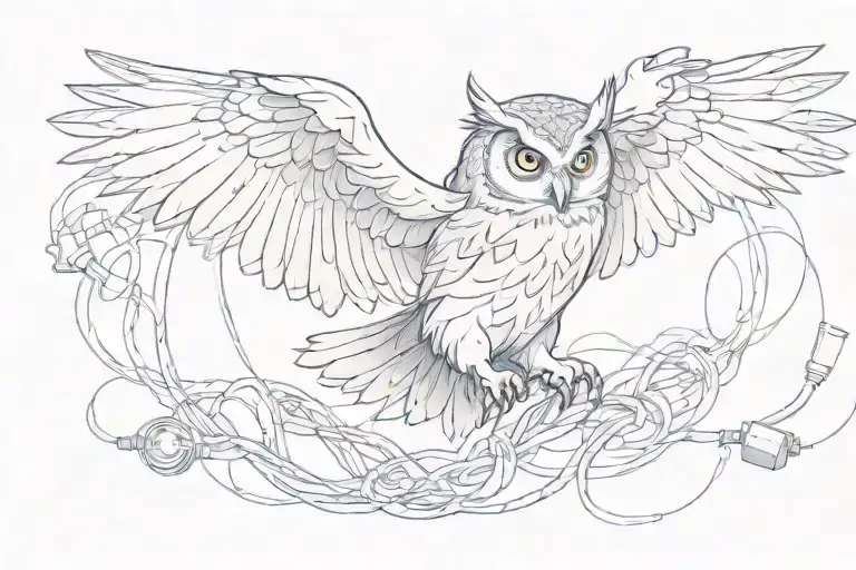 an owl flying holding a bunch of cables intertwined tattoo design idea