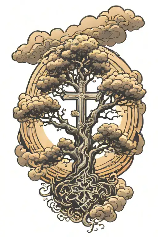 religious tree with clouds and cross tattoo design idea