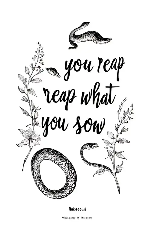 A back piece with a snake native to Missouri, Hawthorne flowers and the quote “you reap what you sow” tattoo design idea