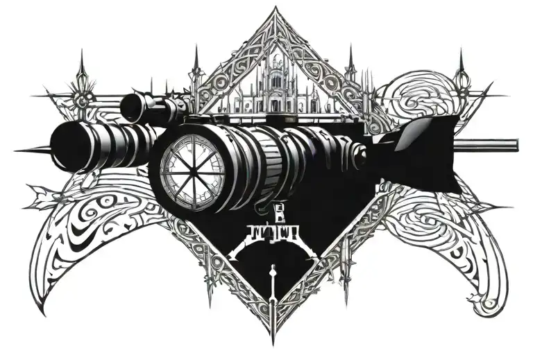 Cathedral with tribal designs and army sniper scope tattoo design idea