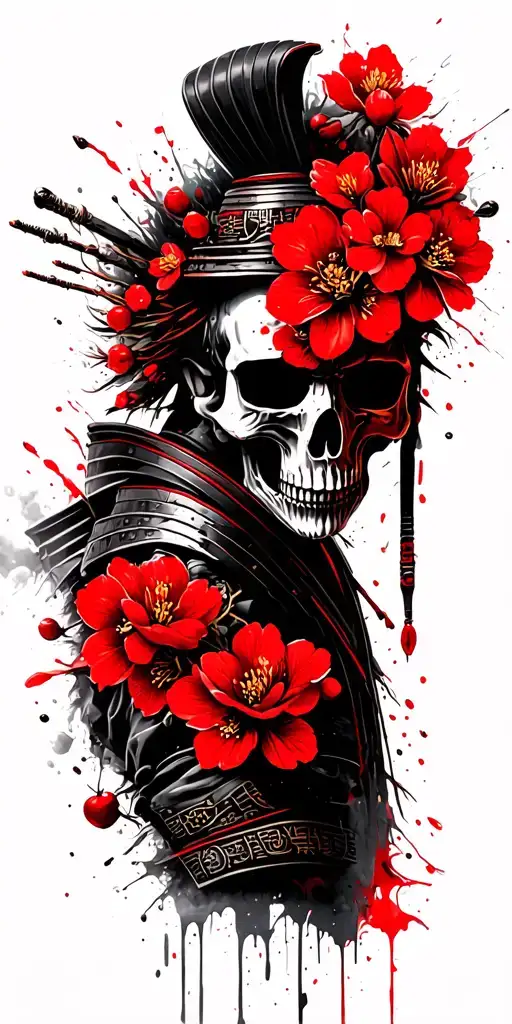 Samurai Skull surrounded by Cherry Blossoms tattoo design idea