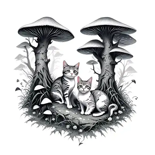 mushroom fairy forest with three cats in a psychedelic art form.    trees and mushrooms everywhere  tattoo design idea