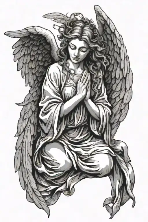 angel, female, big wings, pray hands, eyes closed, flying, view from front, full body tattoo design idea