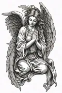 angel, female, big wings, pray hands, eyes closed, flying, view from front, full body tattoo design idea