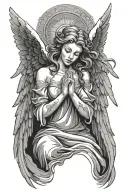 angel, female, big wings, pray hands, eyes closed, flying, view from front, full body tattoo design idea