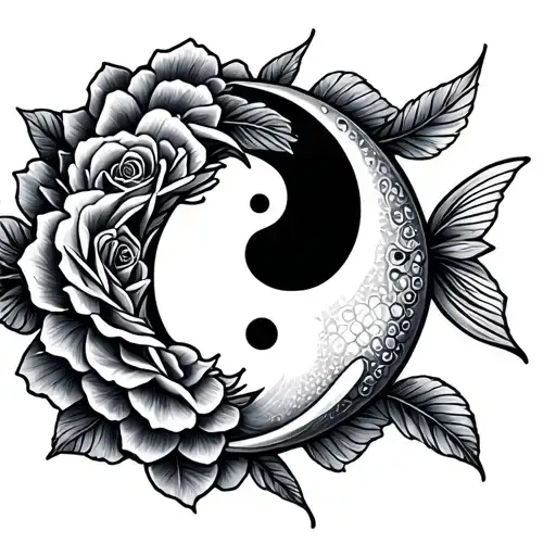 Pisces fish yin yang rose and crescent moon surrounded tattoo design idea