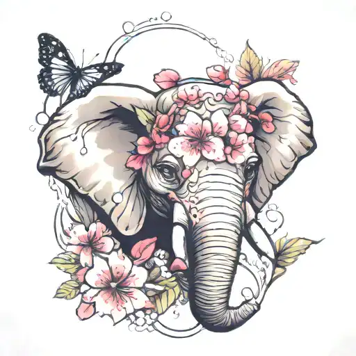 elephant head with pink and red cherry blossom flowers smoke forming the shape with butterfly  tattoo design idea