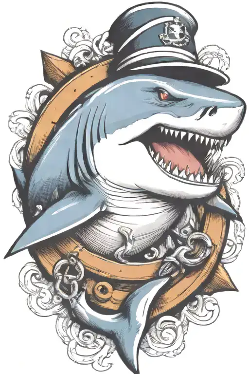 shark biting an anchor wearing a sailor hat tattoo design idea