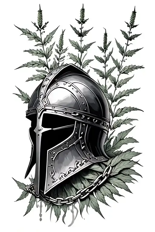 Please generate a tattoo design for a medieval segmented helmet on chains and mugwort plants.  tattoo design idea