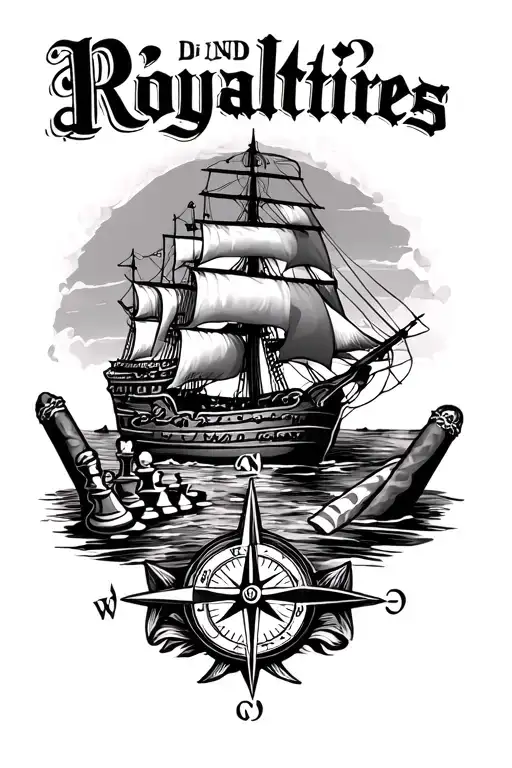 "Royalties and dignitaries " whiskey and cigars and chess and sailors ship and a compass  tattoo design idea