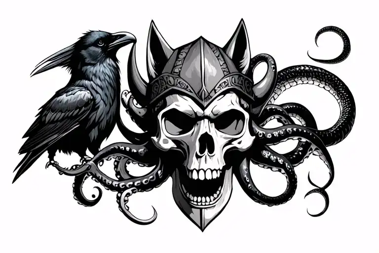 Viking skull with wolf, crow, black snake and octopus tattoo design idea