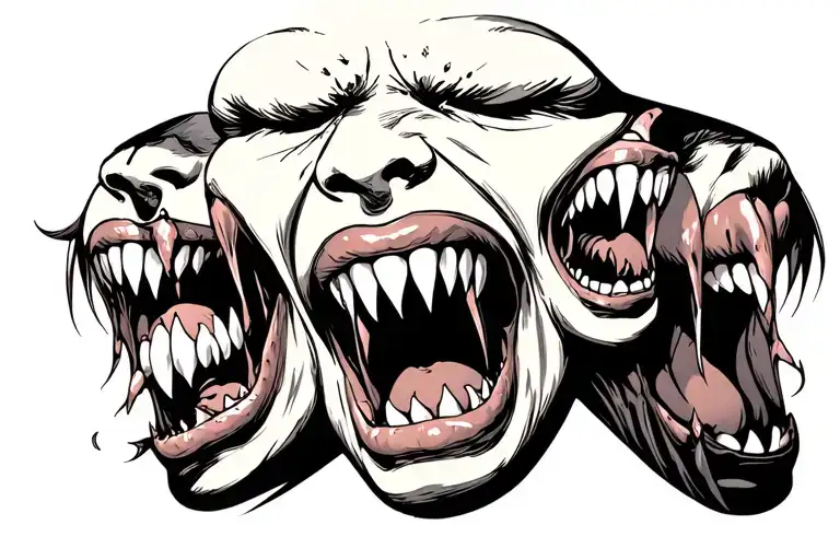 A dark, surreal tattoo design featuring multiple sinister, stylized mouths with sharp, jagged teeth and shadowy details. tattoo design idea