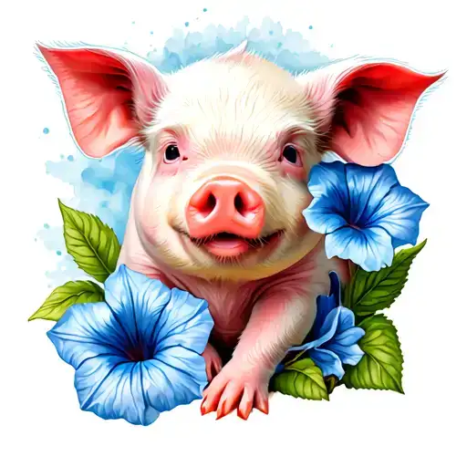 baby pig with blue morning glory flower  tattoo design idea